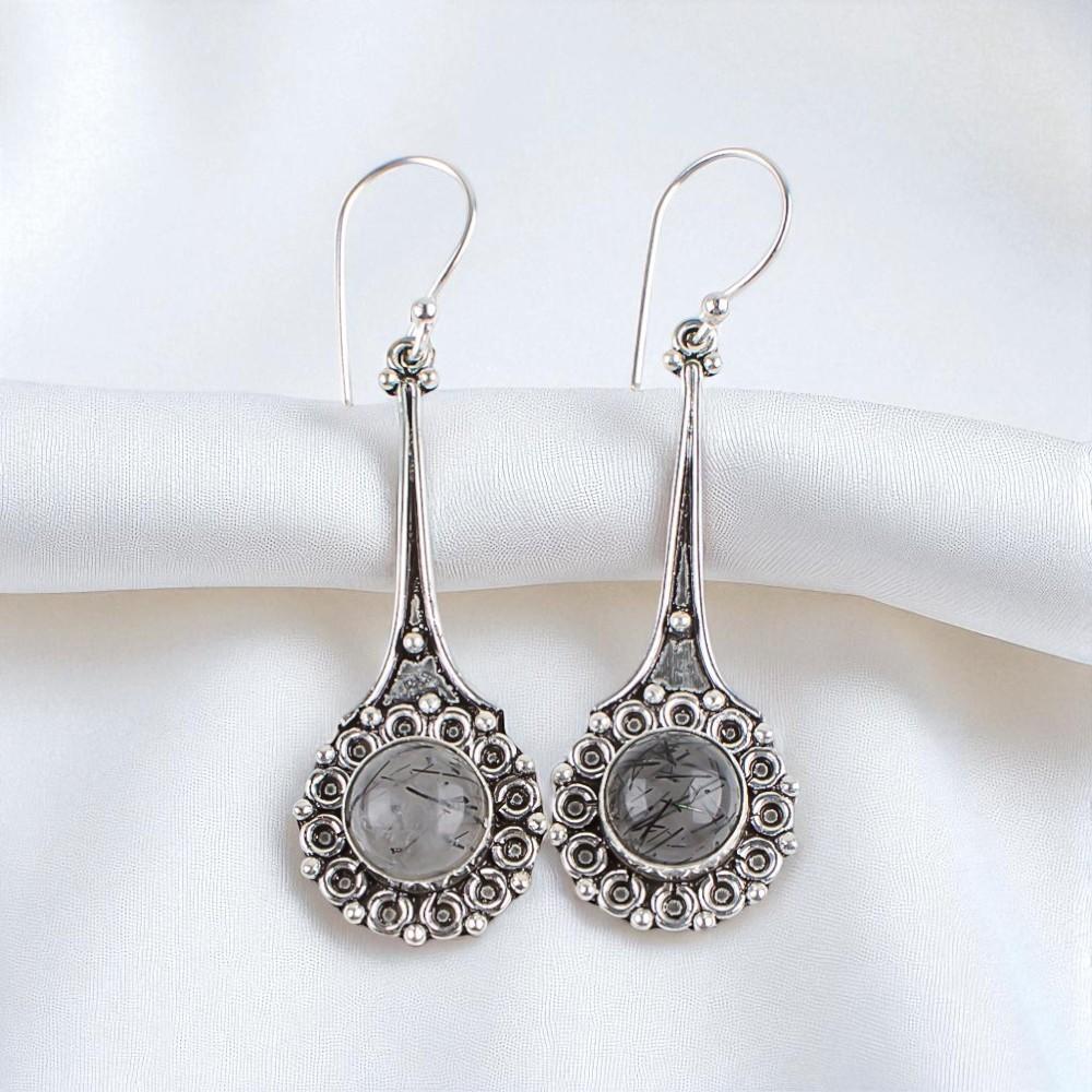 

Natural Black Rutile Gemstone 925 Sterling Silver Jewelry Handmade Earrings2.52 EE-77-24