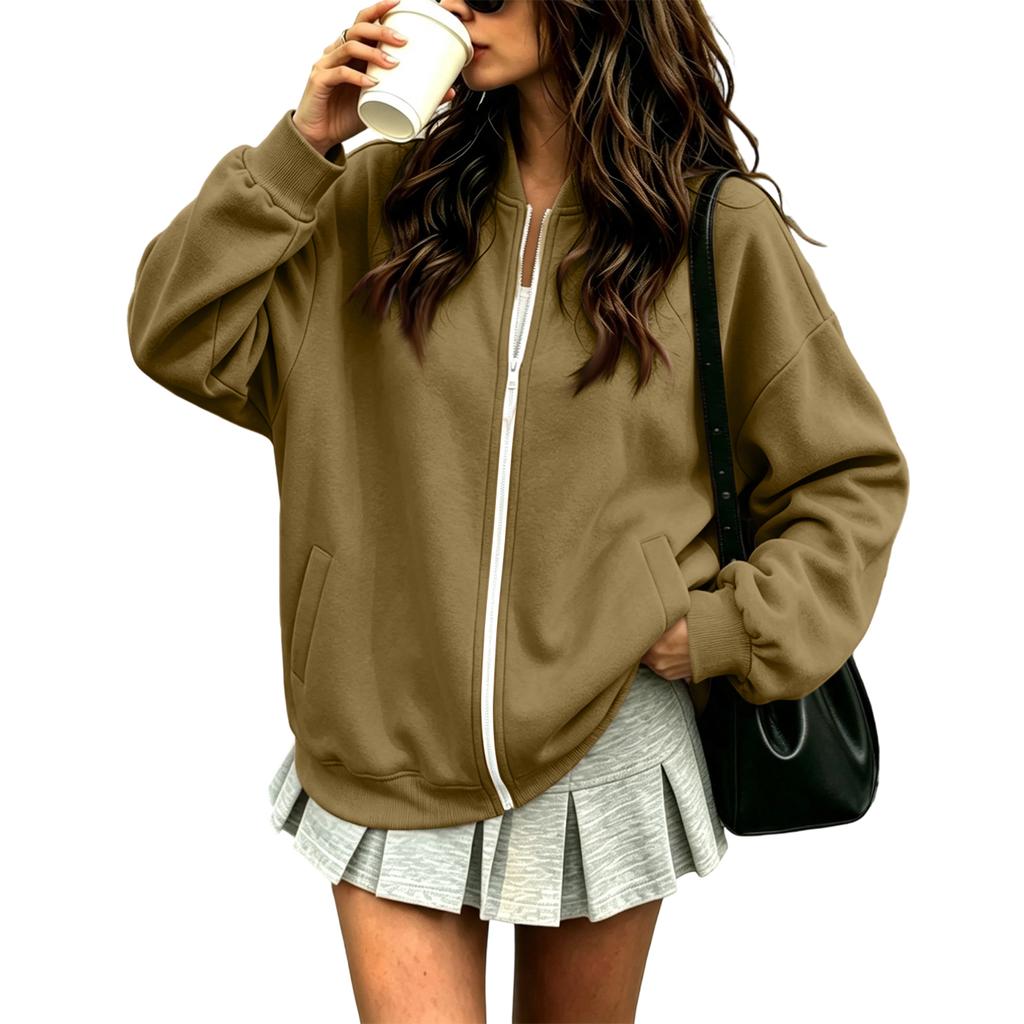 Women's Fashion Zip-Up Jacket with V-Neck Long Sleeve Loose Fit Color