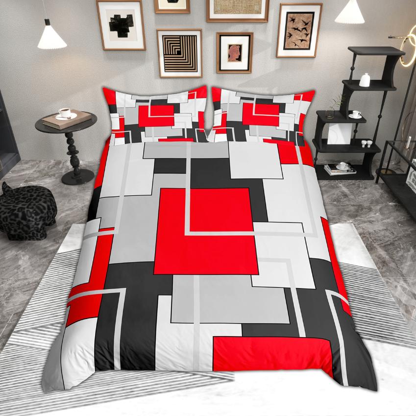 Homewish Modern Geometric Duvet Cover Set, Aesthetic Square Plaid Bedding, Abstract Minimalist Quilt Cover Set