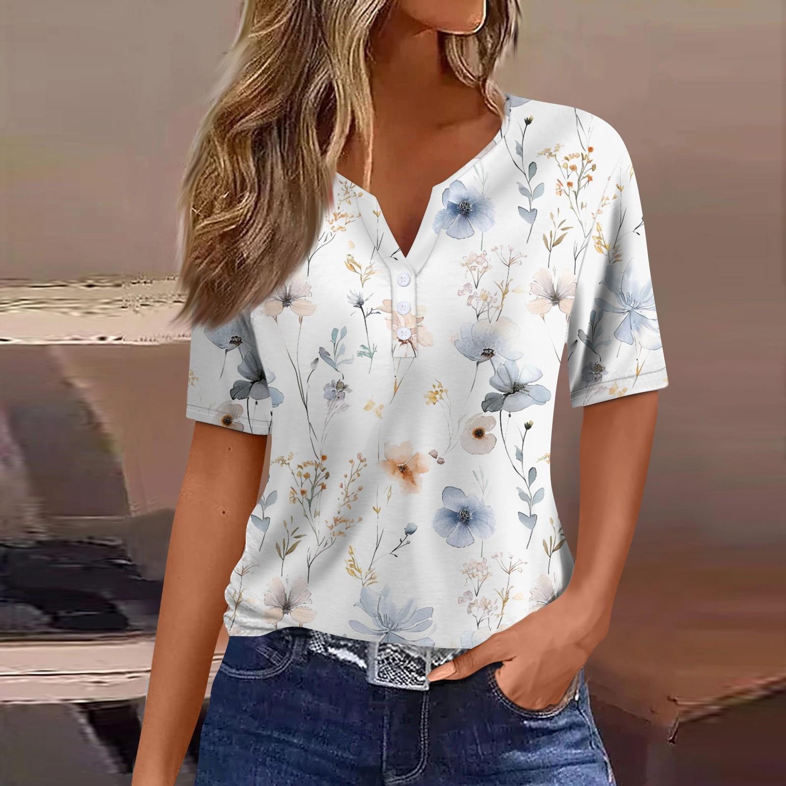 

Women s T Shirt Tee Print Button Short Sleeve Daily Weekend Fashion Basic V- Neck Regular Top M бежевий