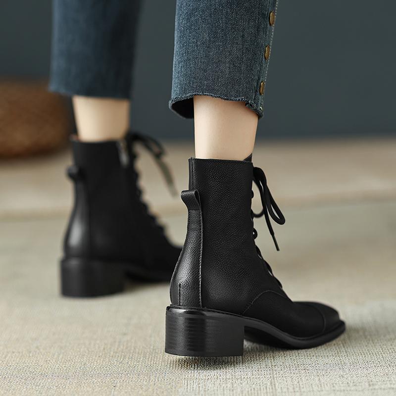 2024 New Cross-Tied Women Short Boots Autumn Winter Genuine Leather Office Lady Square Toe Side Zipper Shoes Woman Ankle Boots