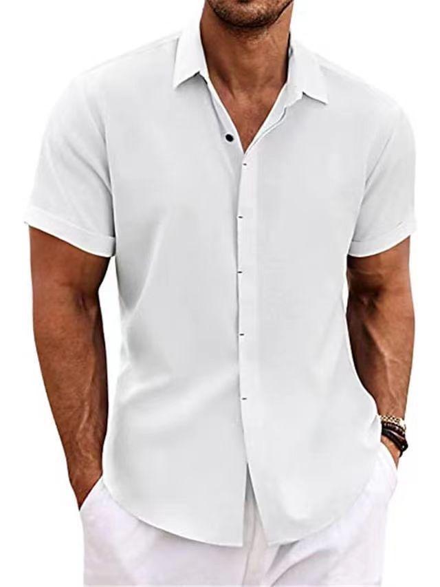 

2024 European & American Men s Double-Breasted Cotton-Linen Short Sleeve Cardigan - High-Quality Solid Color Summer Shirt XXL белый