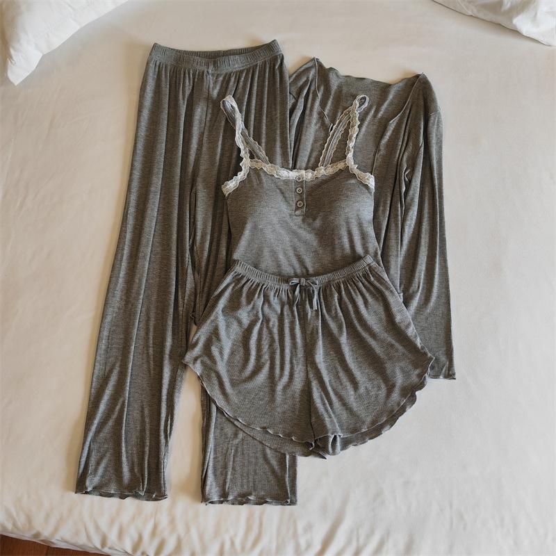 

Повседневная модальная пижама комплект из четырех предметов женский слинг длинный рукав кардиган короткие брюки костюм свободный однотонный ночной костюм домашняя одежда 2XL серый