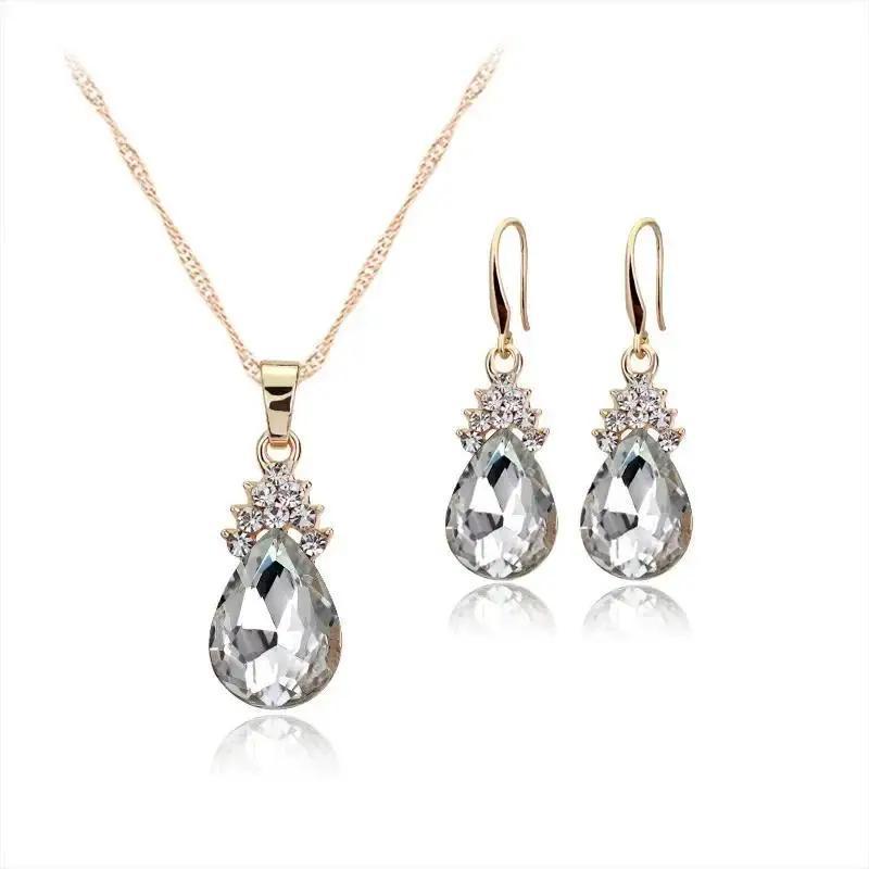 3 Pcs/Set European And American Fashion Necklace Earring Set Crystal Zircon Water Drop Necklace Earnail Set