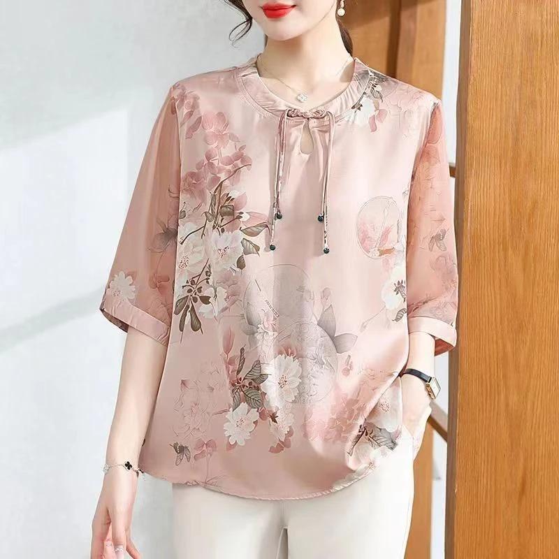Women Button Summer Short Sleeved Silk Blouse Women's Elegant Loose Flower Retro Print T Shirt
