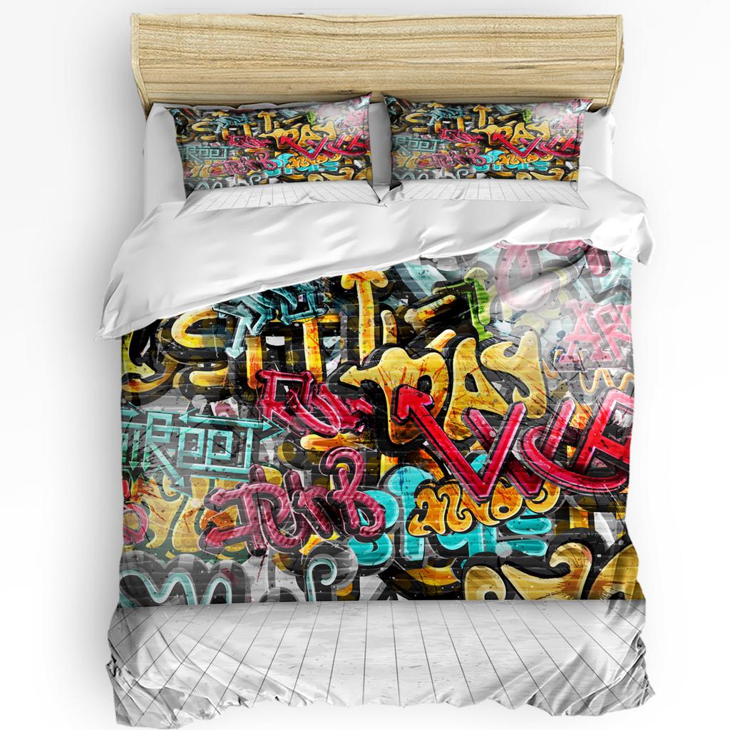 Britische Graffiti London Kultur Cartoon Doodle Bettbezug 3-teiliges Bettwäscheset Heimtextil Bettdeckenbezug Kissenbezüge Kein Spannbettlaken