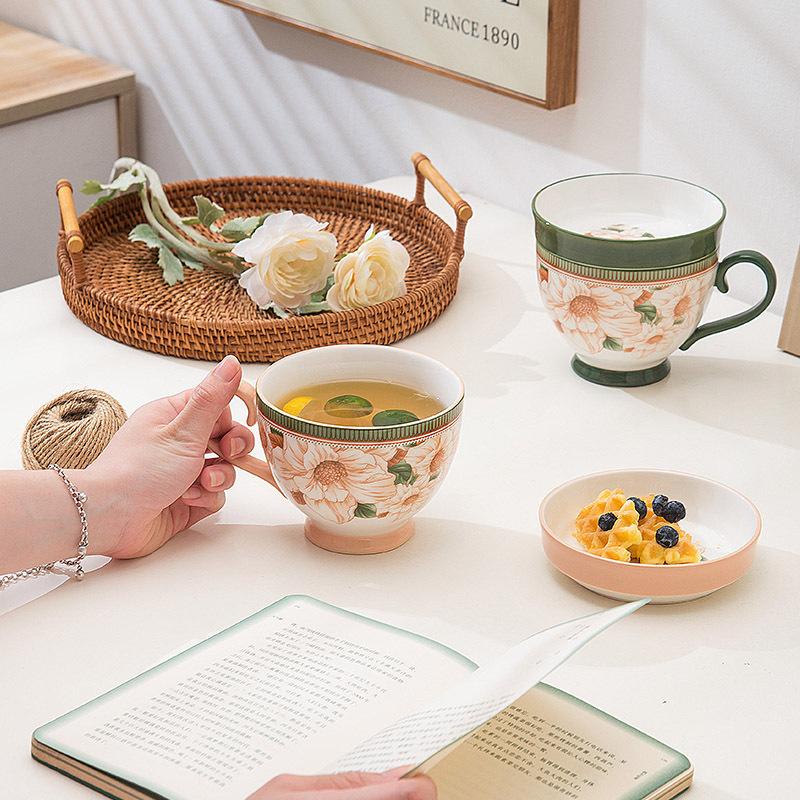 Camellia Large Capacity Ceramic Breakfast Milk Oat Cup Pastoral Style with Dim Sum Ceramic Coffee Mark Cup