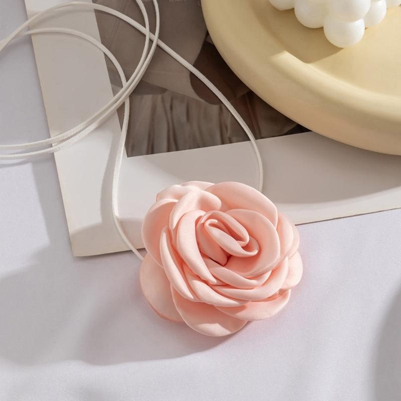 Fabric Flower Tie Choker Necklace Long Rope Lock Collarbone Chain Fashion Neck Decoration Fabric Floral Tie-Up Choker