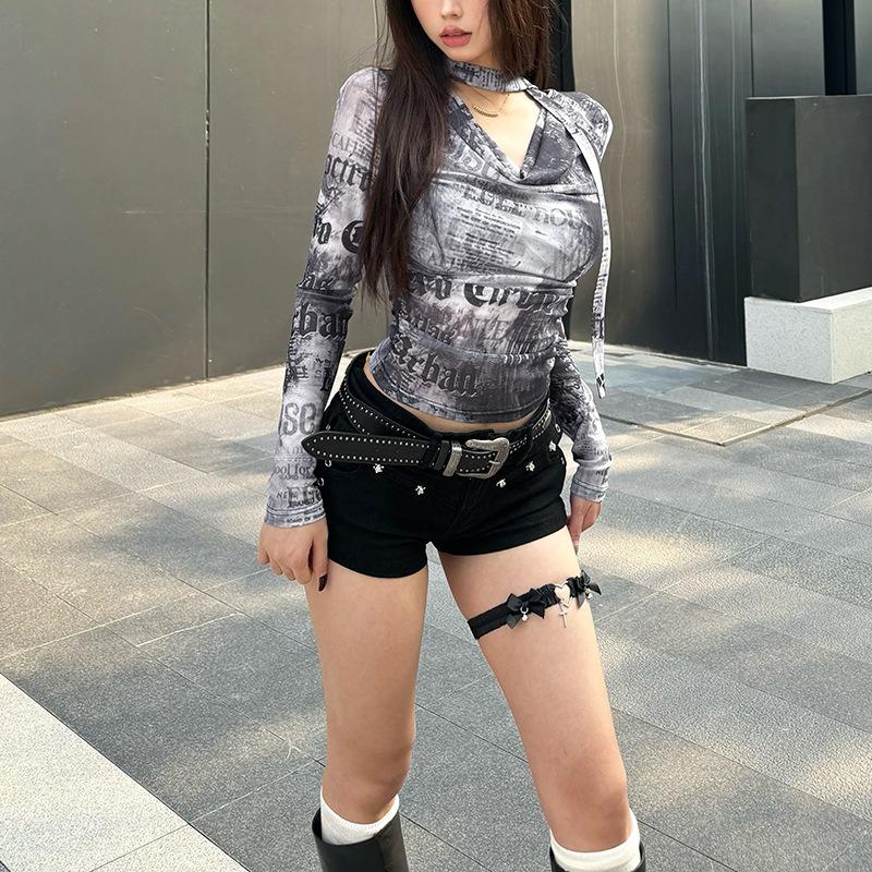 Dames Høst og Vinter Ny Street Fashion Trykk Langermet V-hals Slim T-skjorte