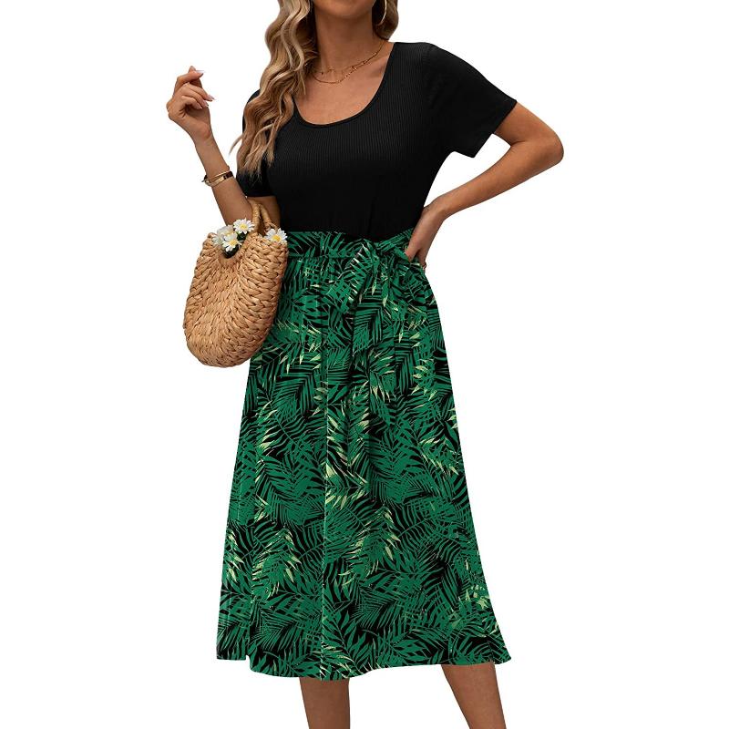 Summer Women's Dress Round Neck Splicing Lace-up Print Short-sleeved Casual Dresses