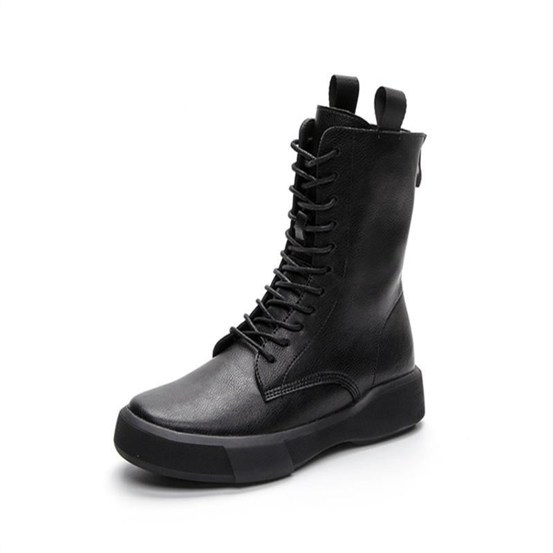 Large Women's British Style 2024 Autumn and Winter New Flat Bottom Retro Medium Sleeve Women's Single Boot Lace Up Back Zipper