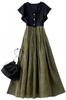 [YUANYUAN] Women's Donking Dress Summer Dress Flare Dress Summer Frill Sleeves Long Length V-Neck High Waist A-Line Color Matching Gathered Casual Rel