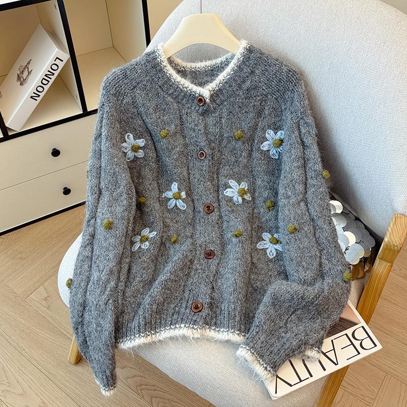 Hochwertiger 3D-Blumen-Strickcardigan mit Rundhalsausschnitt für Damen - Handgefertigter Häkelpullover-Mantel für Herbst/Winter 2026