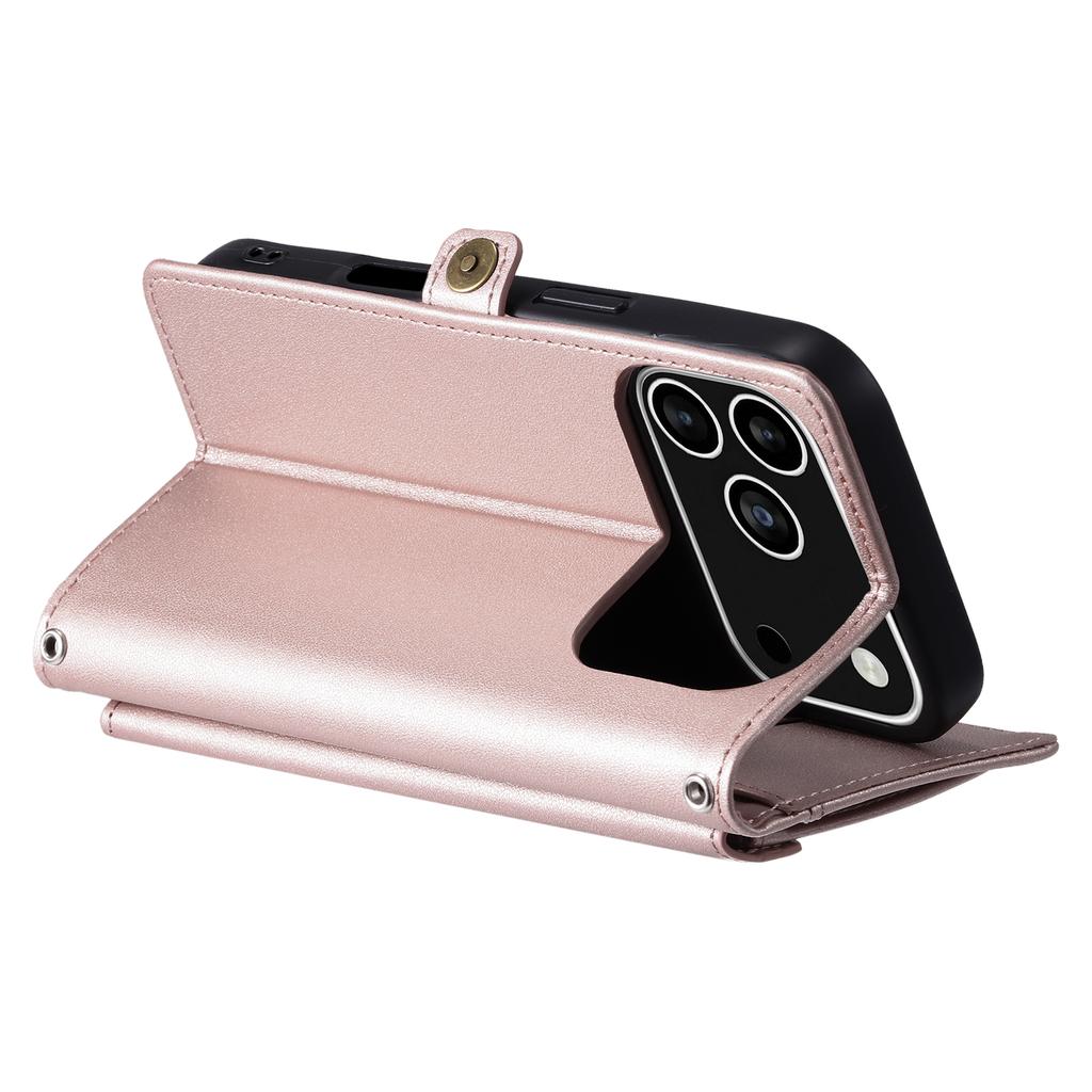 For iPhone 17 Pro Leather Case with Wrist Strap Wallet Stand Phone Cover