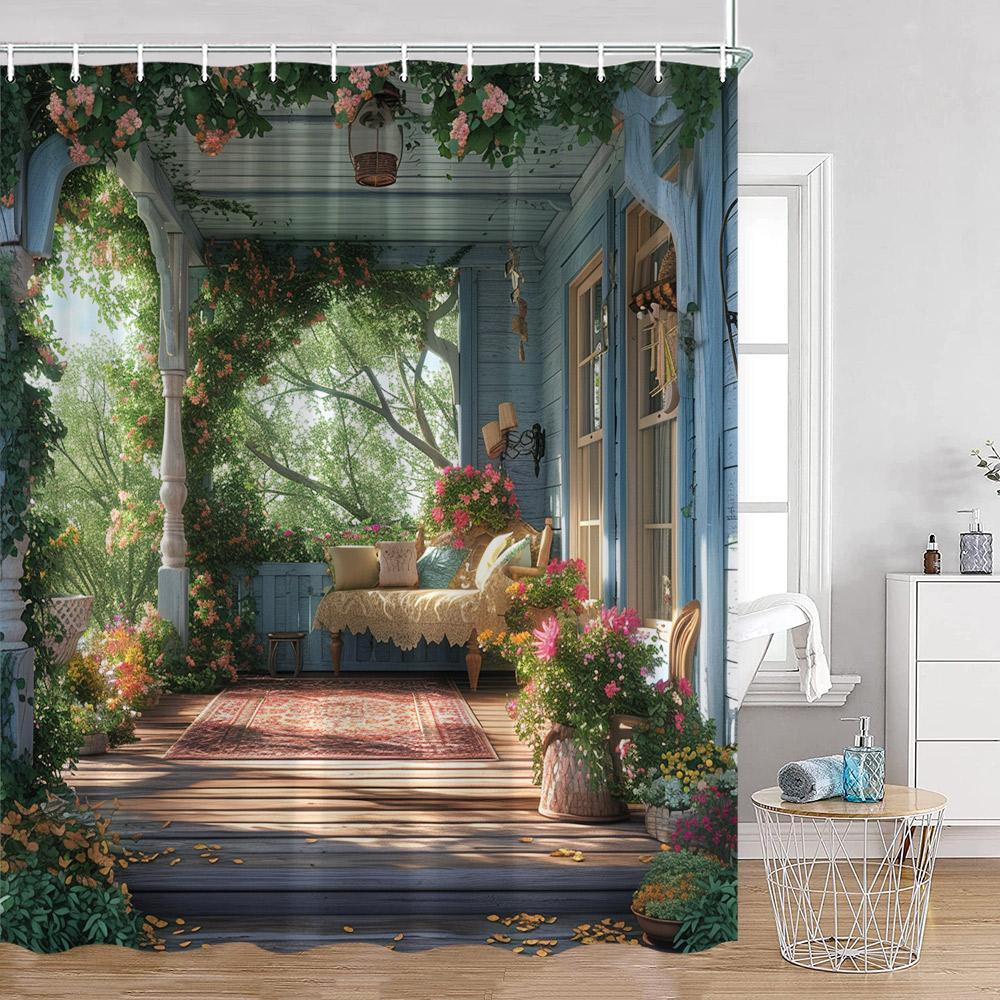 Hand-painted Street View Shower Curtains European Garden Cafe Green Plants Flowers Greenery Bathroom Decor Modern Bath Curtain