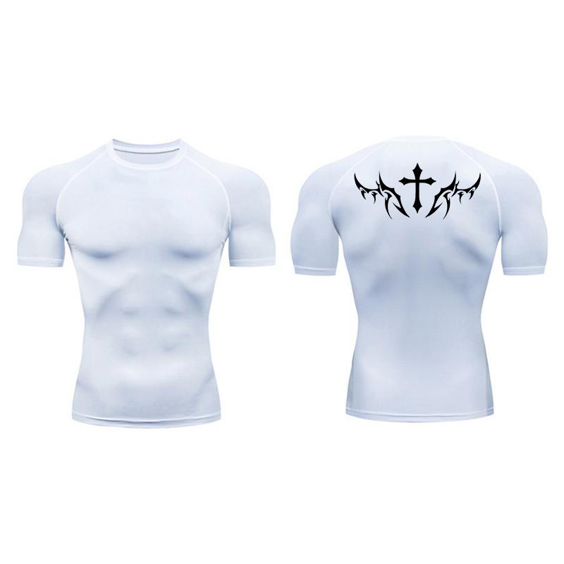 Cross Print Short Sleeve Compression Shirts for Men Athletic Quick Dry Tees Tshirt Gym Workout Running Undershirts Baselayers