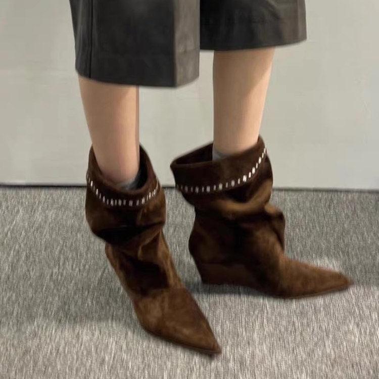 Retro Pointed Heel Turned Stacking Boots Women'S Korean High Heel Rivet Decorative Western Cowboy Boots