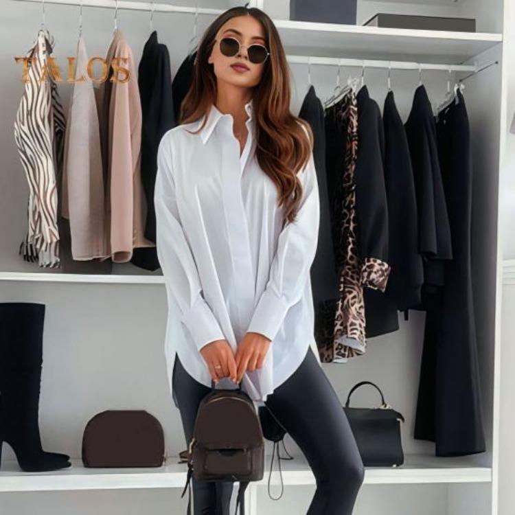 Office Lady Shirt Women Casual Lapel Long Sleeve Solid Color Loose Fit Tops Commuting Style Single Breasted Shirt