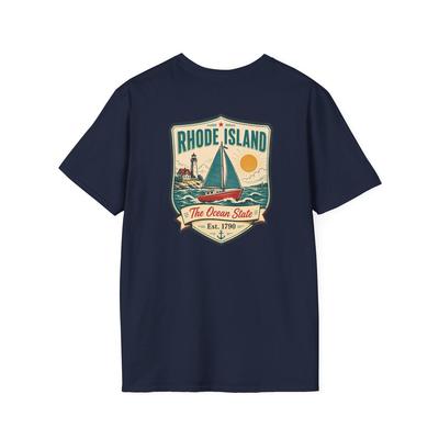 Rhode Island Sailboat T-Shirt | Vintage Mid-Century Travel Luggage Tag Tee | Ocean State Souvenir | RI Road Trip Gift