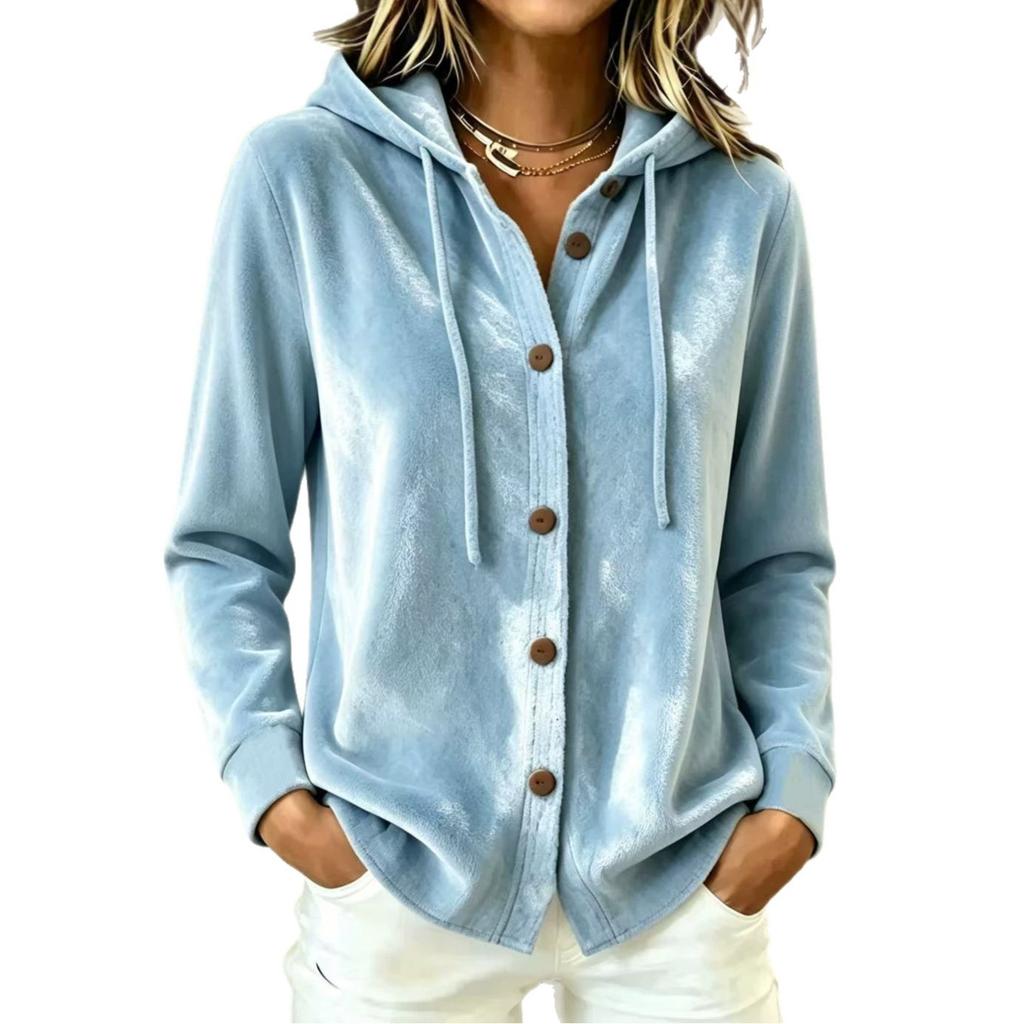 New European and American women's plush hooded cardigan solid color loose casual fashion sweater jacket