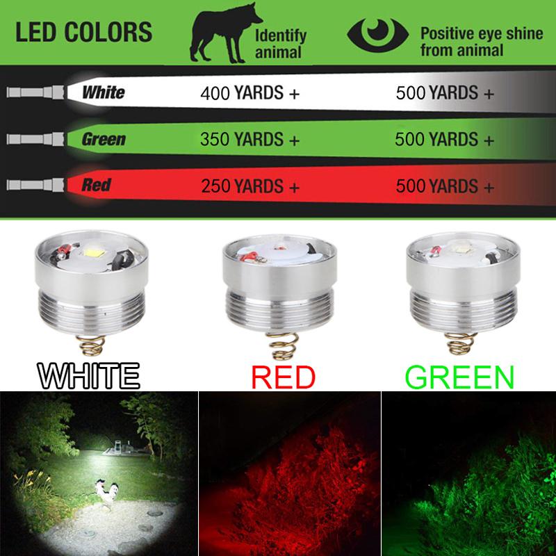 400 Yards Red&Green&White LED Hunting Flashlight Tactical Rifle Scope Mount Predator Torch for Coyote Hog Varmint Scout Light