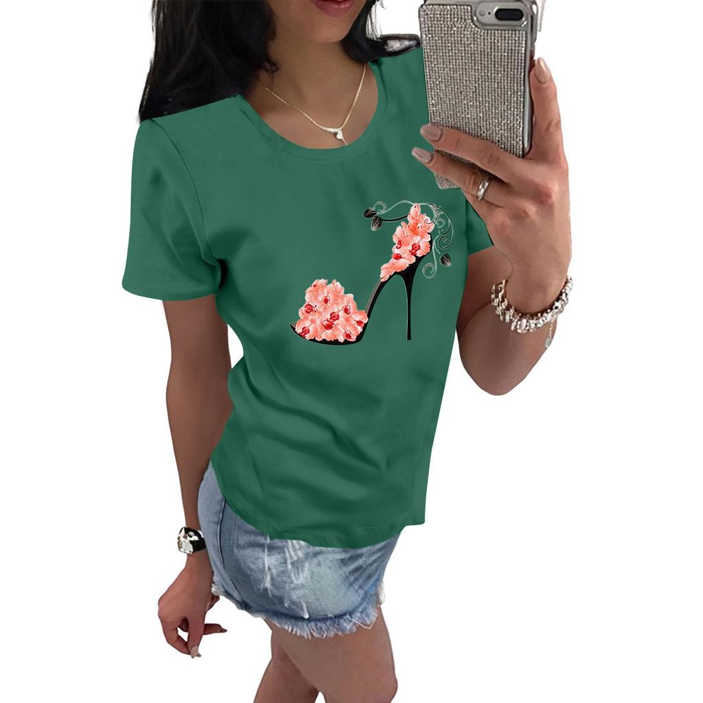 Women's Casual High Heels Floral Print Casual Short-sleeved T-shirt Pullover Round Neck Short-sleeved Top