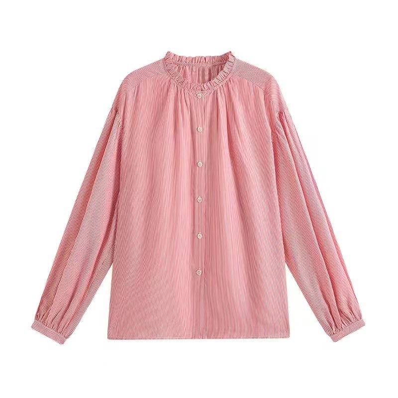 

Women s Spring New Striped Printed Round Neck Wooden Ear Edge Western Style Long Sleeve Top XL розовый