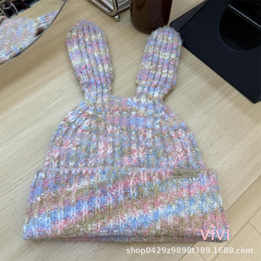New mixed-color knitted wool hat women's winter warm temperament girl knitted hat cat ear knitted miscellaneous flower hat