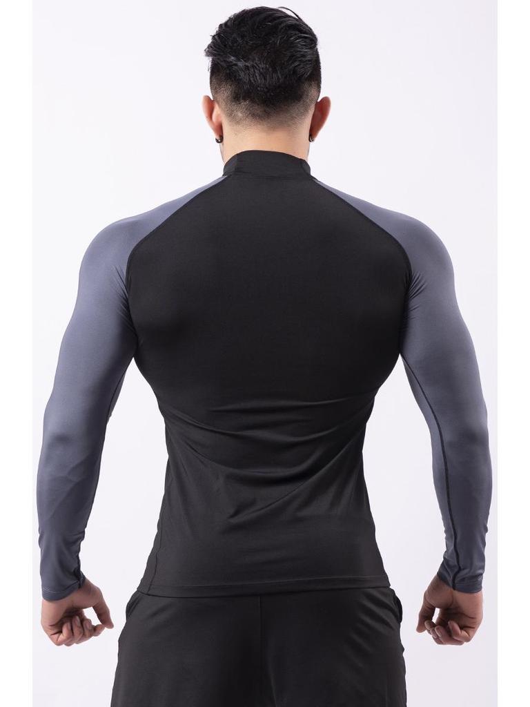 Men's Silk Grid High-Neck Performance T-Shirt - Elastic, Quick-Dry, Long-Sleeve for Autumn/Winter Running.