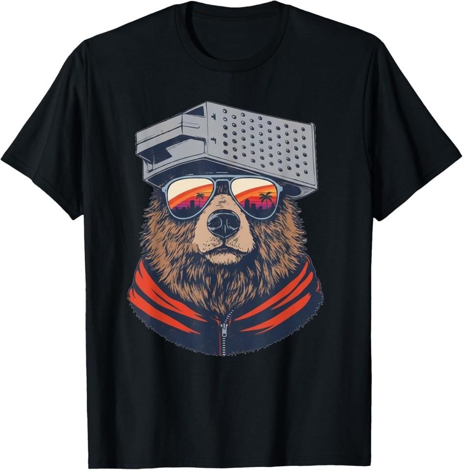 Retro Bear with Cheese Grater Hat and Sunglasses Sunset Art T-Shirt XL