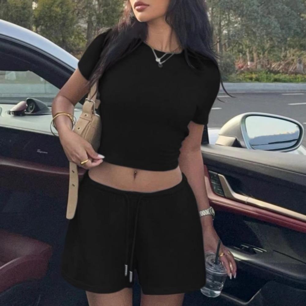 Women Casual Sport T Shirt Two Piec Sets Summer Fashion Short Sleeve Short T-shirts Slim Top + Waist Drawstring Shorts 2pcs Set