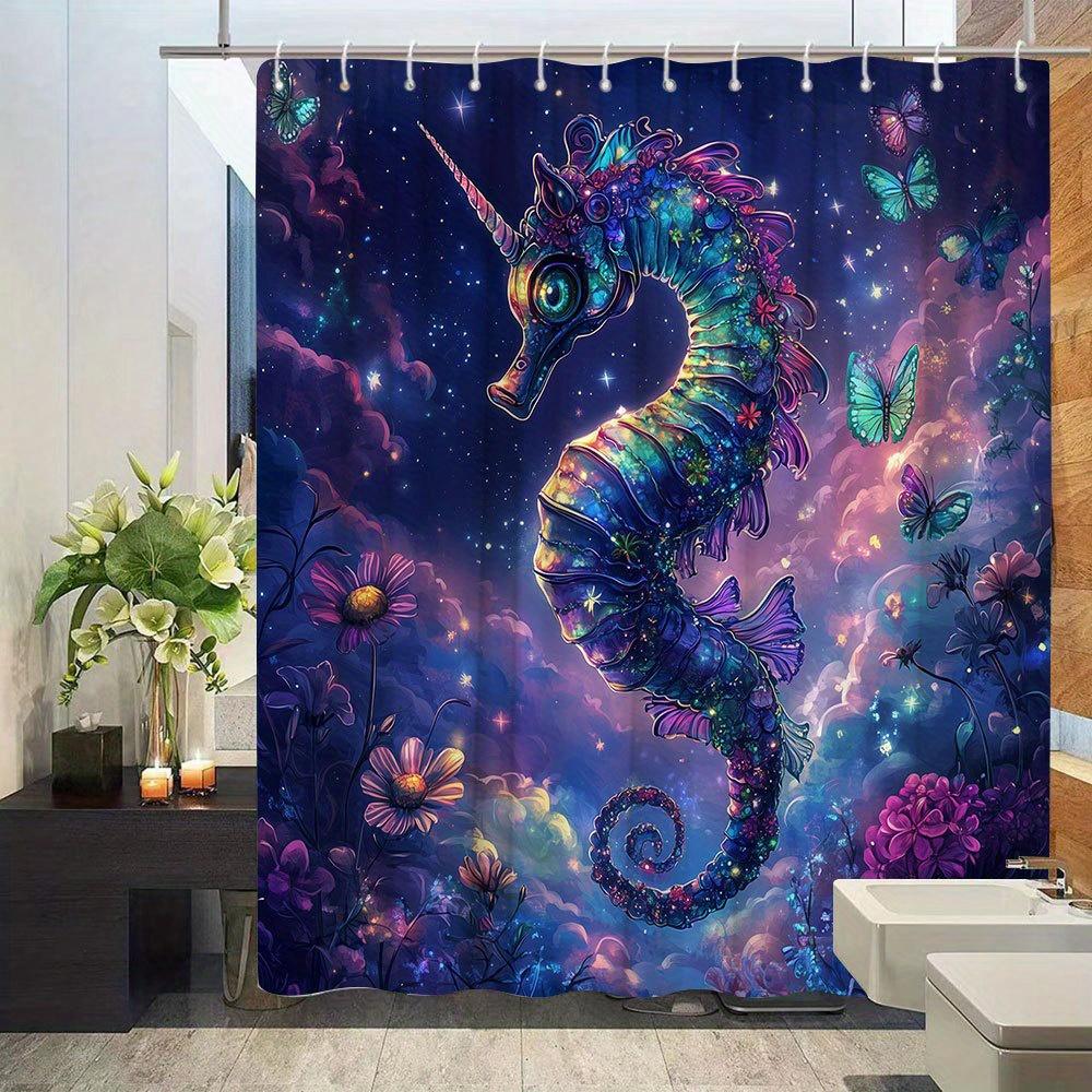 Magical Seahorse Print Waterproof Shower Curtain for Bathroom,Vibrant Floral &Butterfly Design High-End Toilet Partition Curtain