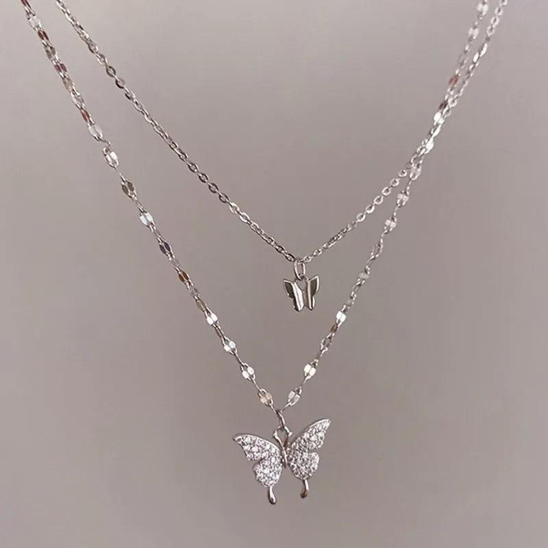 Simple Butterfly Double Layer Choker Necklace For Women Shiny  Butterfly Pendants Clavicle Chain Elegant Wedding Jewelry