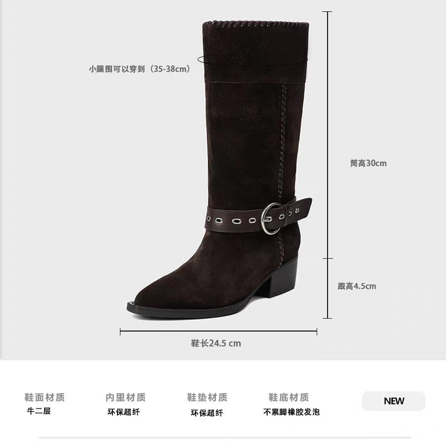 Spot~ White Deer Same Retro Two-wear Knight Boots 2025 New Autumn and Winter Pointed Pleated Western Pile Boots