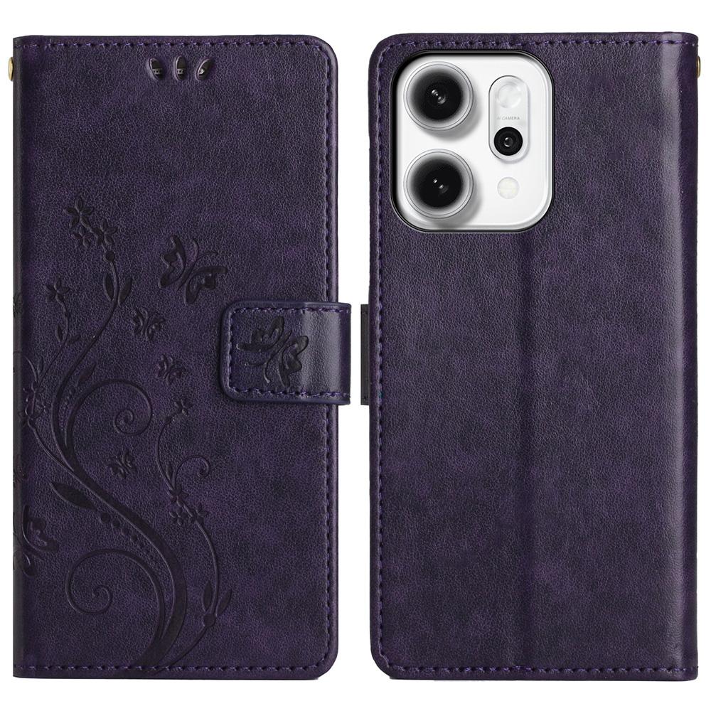 For Oppo Reno14 Pro 5G (Global)/Reno13 Pro 5G Leather Wallet Case Butterfly Flower Imprint Phone Cover with Strap