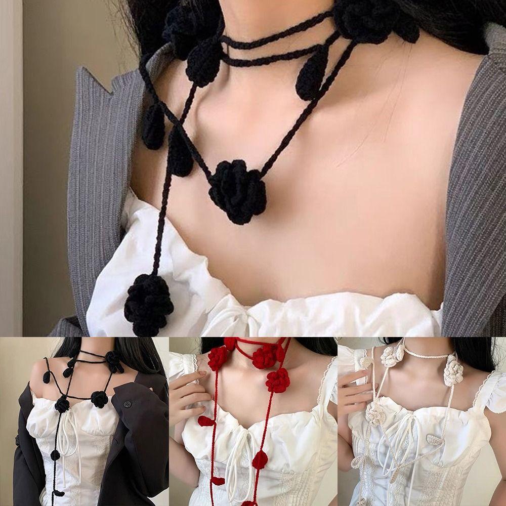 Crocheting Rose Flower Neck Chain Decoration Multicolor Rose Scarf Y2k Rose Necklace Girl