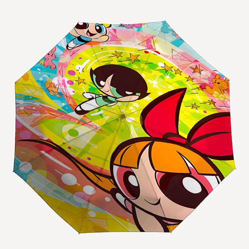 

1pc Powerpuff Girls Automatic Folding Umbrella - Compact 8-Rib Design, Durable Plastic & Iron, Daily Use Z1230062