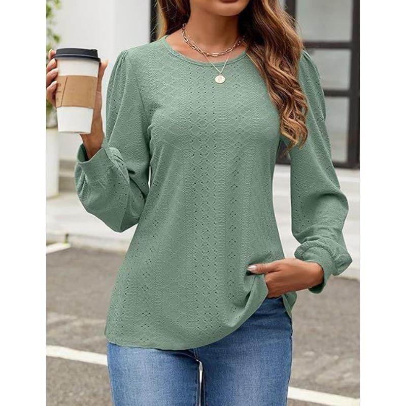 QICED Women's Fashion Casual Solid Color Print Long Sleeve O-Neck Blouses & Shirts