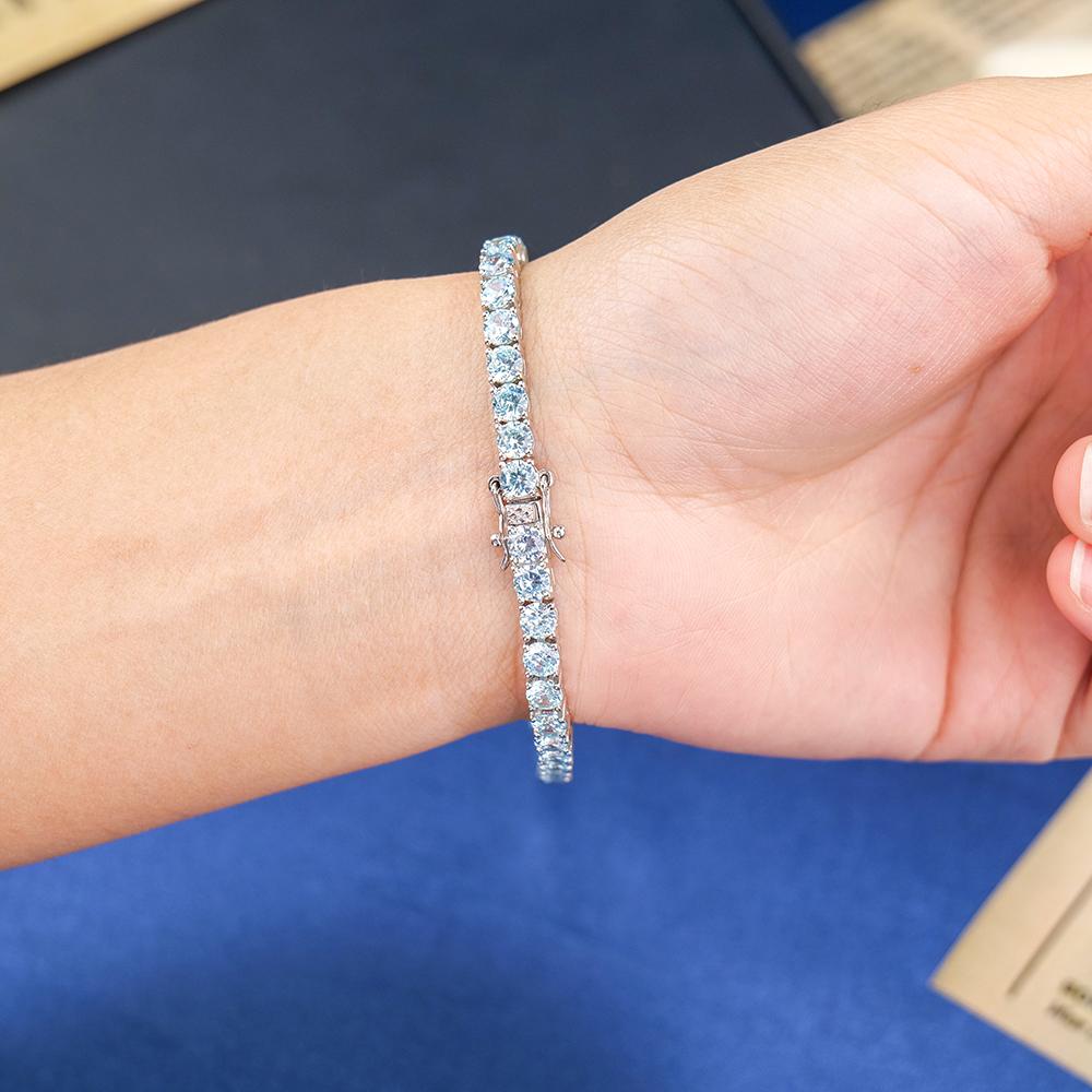 Factory Direct Sales Fine Jewelry 925 Sterling Silver Rhodium Plated Round CZ #37 Aquamarine Tennis Link Chain Bracelet for Men