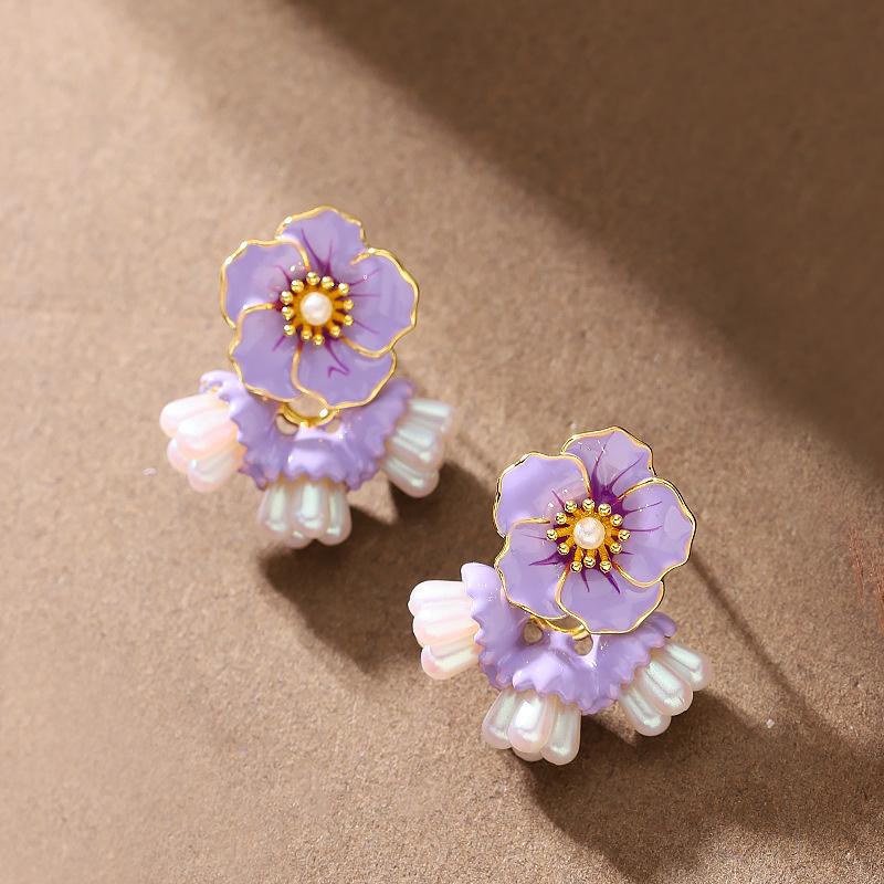 Mori Sweet Temperament Fairy Wind Enamel Drip Glaze Flower Stud Earrings Niche High-end Earrings Spring Simple Earrings
