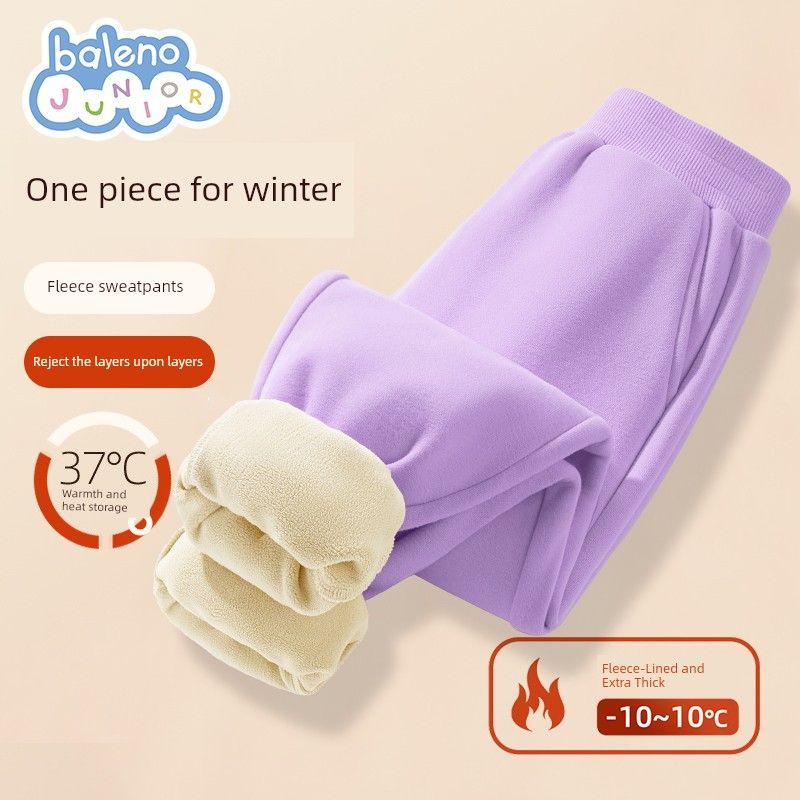Baleno Kids Girls  Fleece-Lined Pants Autumn/Winter 2025 New Thickened Thin Fleece Sweatpants Sports Pants Purple # Solid Color 130