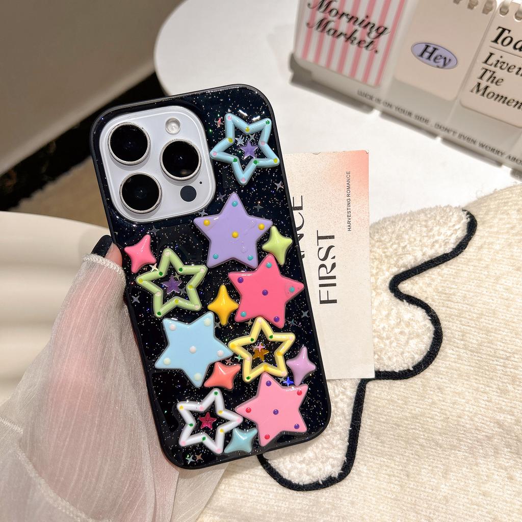 Glitter Bling 3D Dopamine Stars Protection Case For iPhone 16 15 14 13 Plus 12 Pro Max 11 Lovely Epoxy Transparent Acrylic Cover