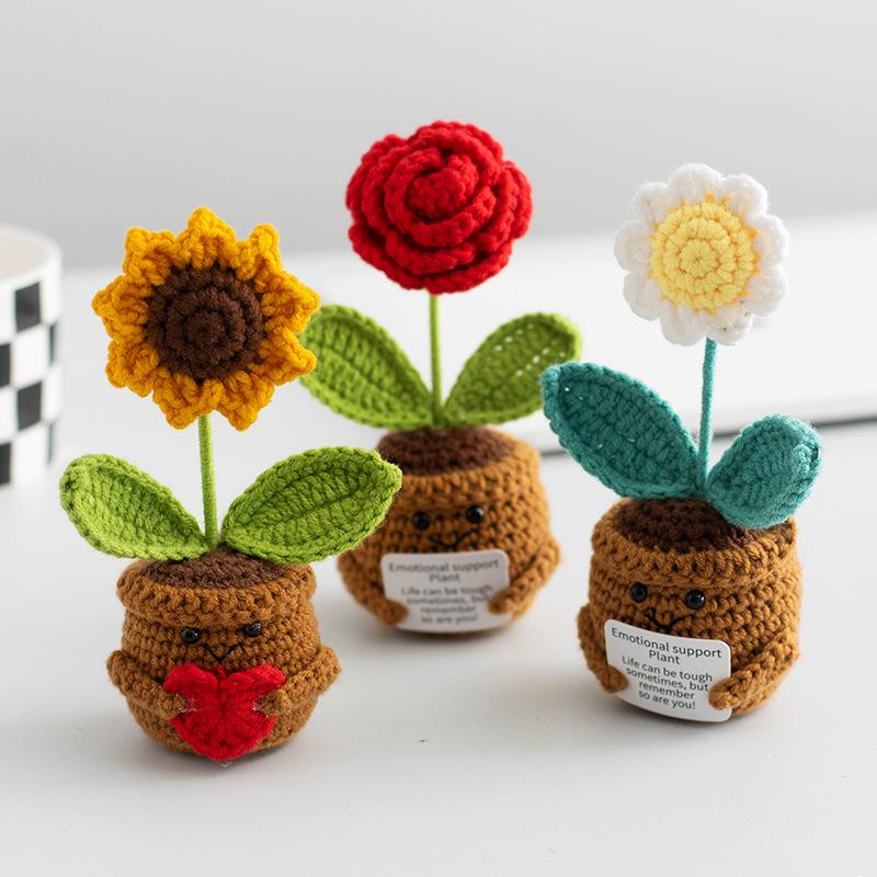 Positive Energy Heart Flower Rose Hand-woven Potted Home Room Decoration Finished Crochet Tulip Plants Ornament for Wedding Gift