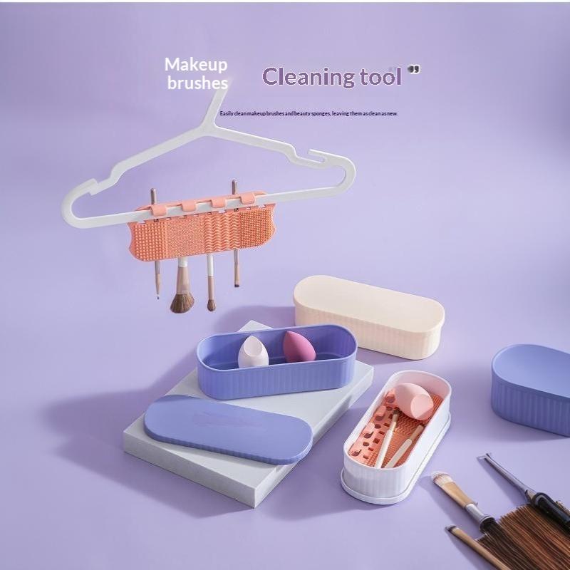Silicone Makeup Brush Cleaning Box Multifunctional Scrubbing Mat Beauty Sponge Drying Holder for Beginner Use
