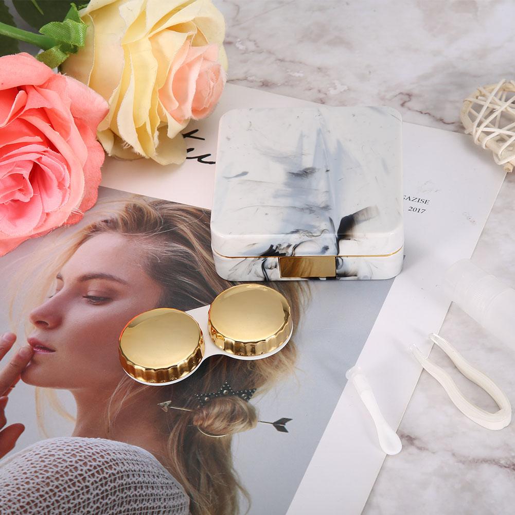 Portable Marble Surface Mirror Square Soaking Contact Lens Case Golden