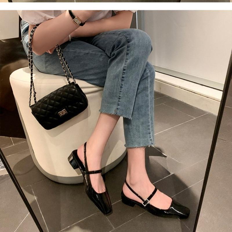 Mid Heels Office Lady Mary Jane Shoes Retro Patent Leather Square Head SlingbacksWomen with Thick Heels and Empty Sandals