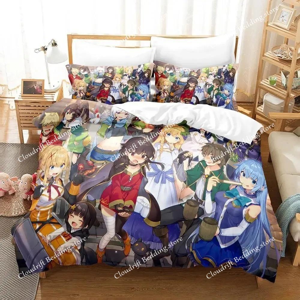 Kawaii KonoSuba Set da letto Cartone Animato Anime set da tre pezzi Adulto Bambino Camera da letto Set Copripiumino 3D Kawaii Ragazze set da letto king size