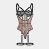 Leopard Print Lace Mesh Strappy Lingerie Bodysuit Set