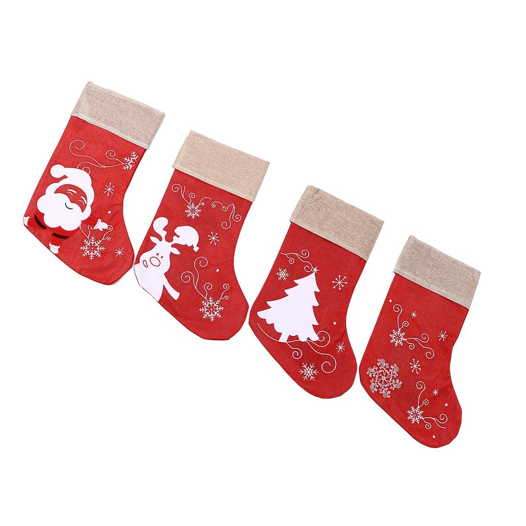 Christmas Stocking Decorative Cartoon Pattern Cuff Stocking Ornament for Tree Stairs Fireplace Red 4pcs