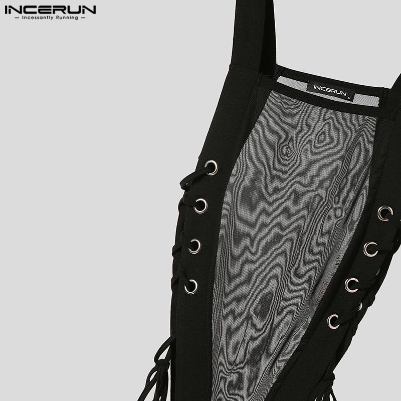 INCERUN Herre Firkantet Krage Ermeløs Mesh Gjennomsiktig Bandasje Slim Jumpsuits Bodysuits